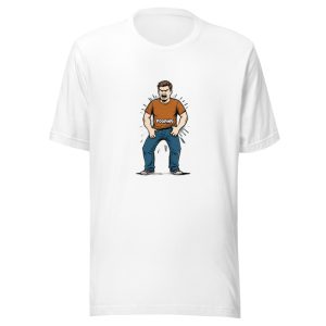 Angry Man Pooping Orange Shirt Blue Jeans