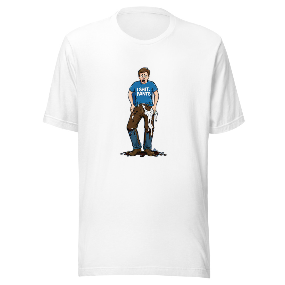 Shocked Man Blue Tee Poop Dripping Down Pants