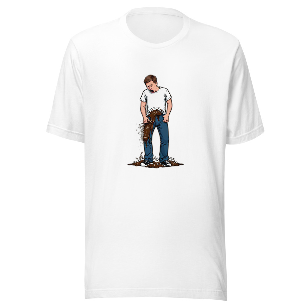 Man In White Shirt Poop Pouring Out Of Jeans