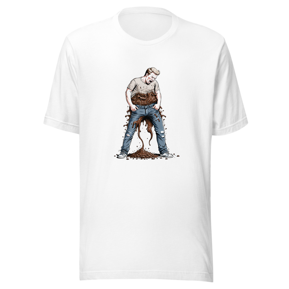 Man With Brown Shirt Ripped Jeans Poop Gushing Out Of Body