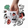 Hand holding white briefs amid marker doodles of shocked faces, flies, a stink cloud, a sad toilet, and bubble TOO LATE