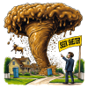 Brown poop tornado tossing a cow over a suburban street and porta-potties; a man points at a yellow sign: SEEK SHELTER