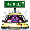 Sweating purple-faced driver gripping a yellow car's wheel under a green sign reading 47 MILES with a toilet icon