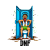 Exhausted runner with a medal slumped on a toilet in an open blue porta-potty, flies and brown puddle around him; text DNF