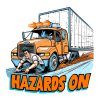 Comic drawing of a man crouching in front of an orange semi truck spraying brown from its wheels, with text HAZARDS ON
