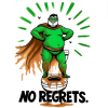 Grinning green-suited superhero with a brown cape standing on a splattered toilet, flies around, text NO REGRETS.