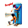 Painted runner pounding on a blue porta-potty door with brown streaks as a crowd of racers approaches; red text Occupied